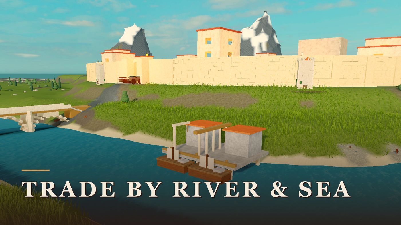A river dock beneath high city walls, with a stone bridge and snow-capped mountains beyond.